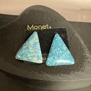 Vintage Monet Blue Triangle Earrings | 1990s Geometric Statement ‎ Ceramic